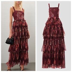 Hutch Burgundy Floral Tiered Maxi Dress, hemmed to midi length